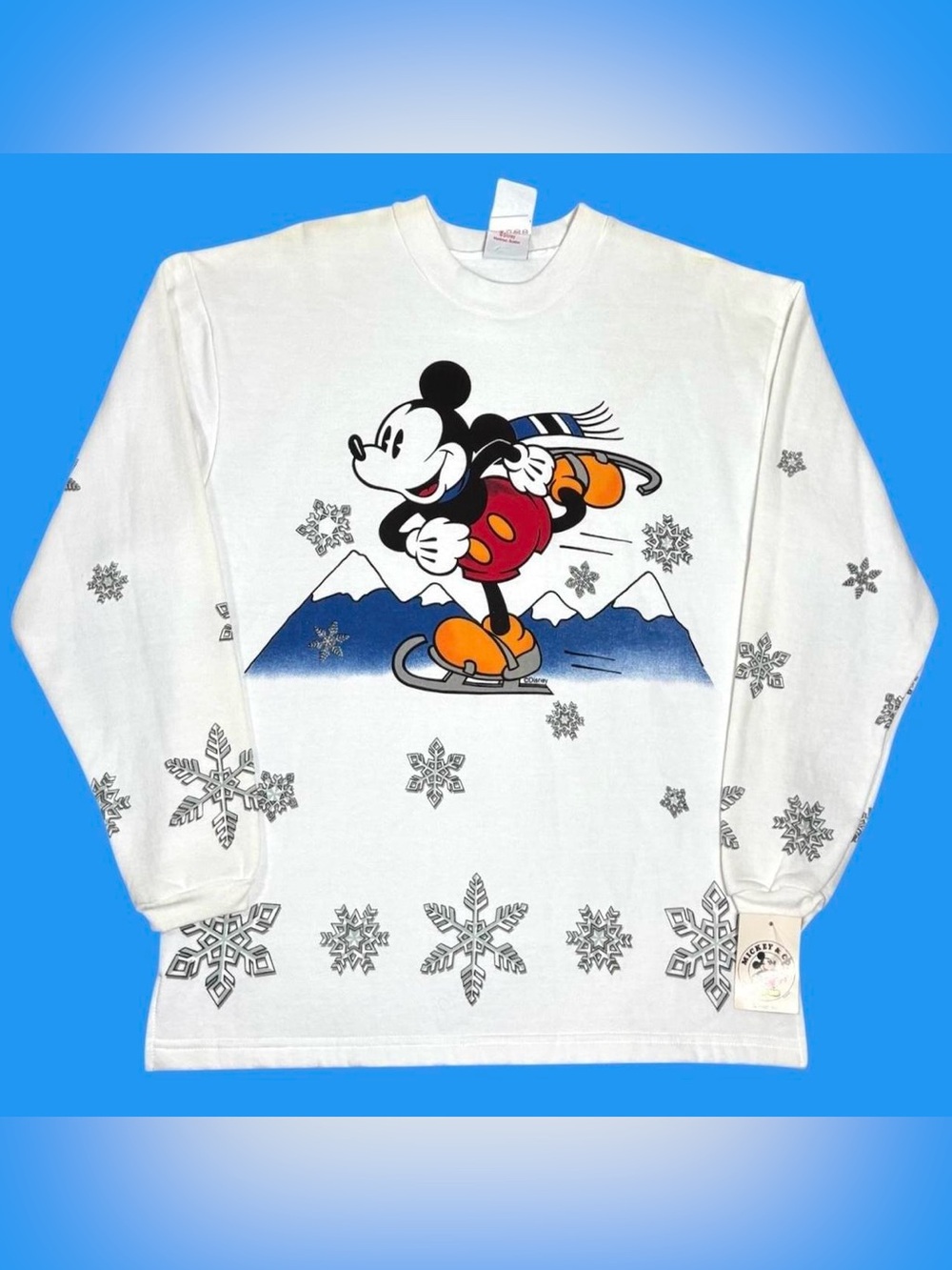 Vintage Mickey Mouse Disney Skating Snowflake All Over Print Crewneck Sweatshirt